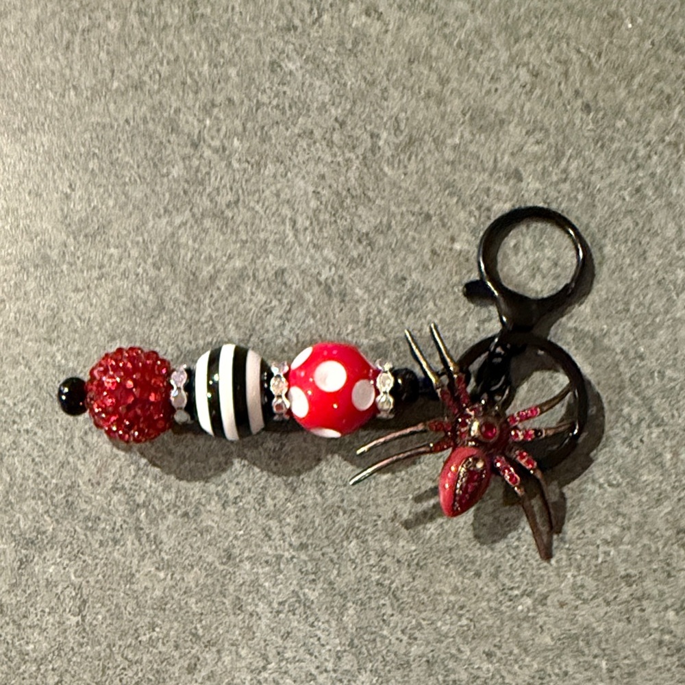 Red and Black Beaded Keychain with Spider Charm
